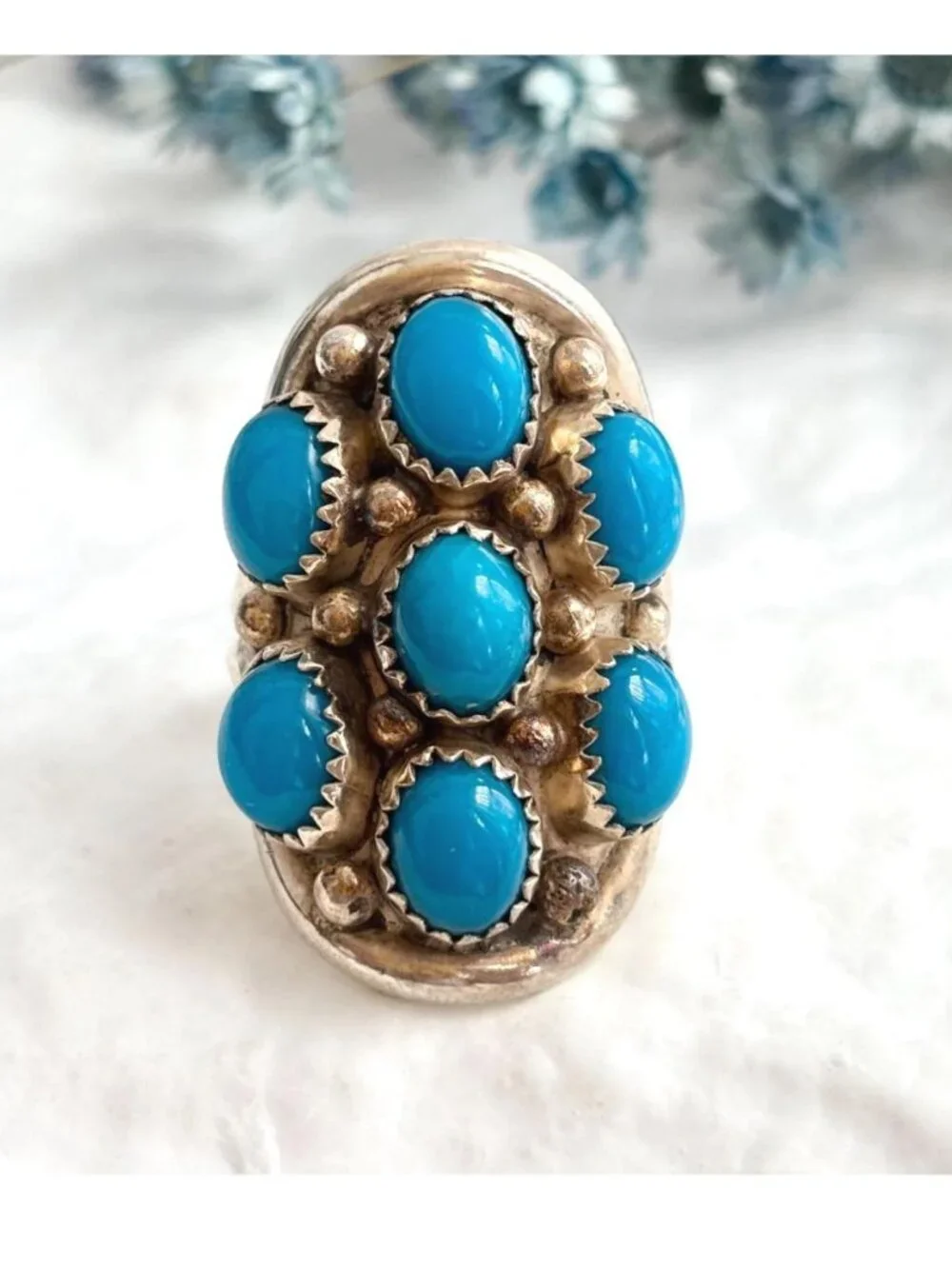 Navajo Sleeping Beauty Turquoise Cluster Sterling Silver 925 Vintage Ring - sz 8